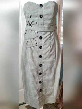 Anthropologie Floreat Doubly Adorned Plaid Strapless Midi Dress Womens 4 Grey Bl